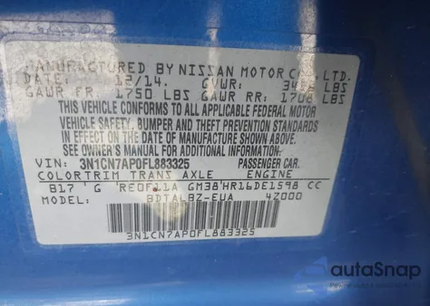 2015 Nissan Versa 1.6 Sv из США, поврежденный, VIN 3N1CN7AP0FL883325